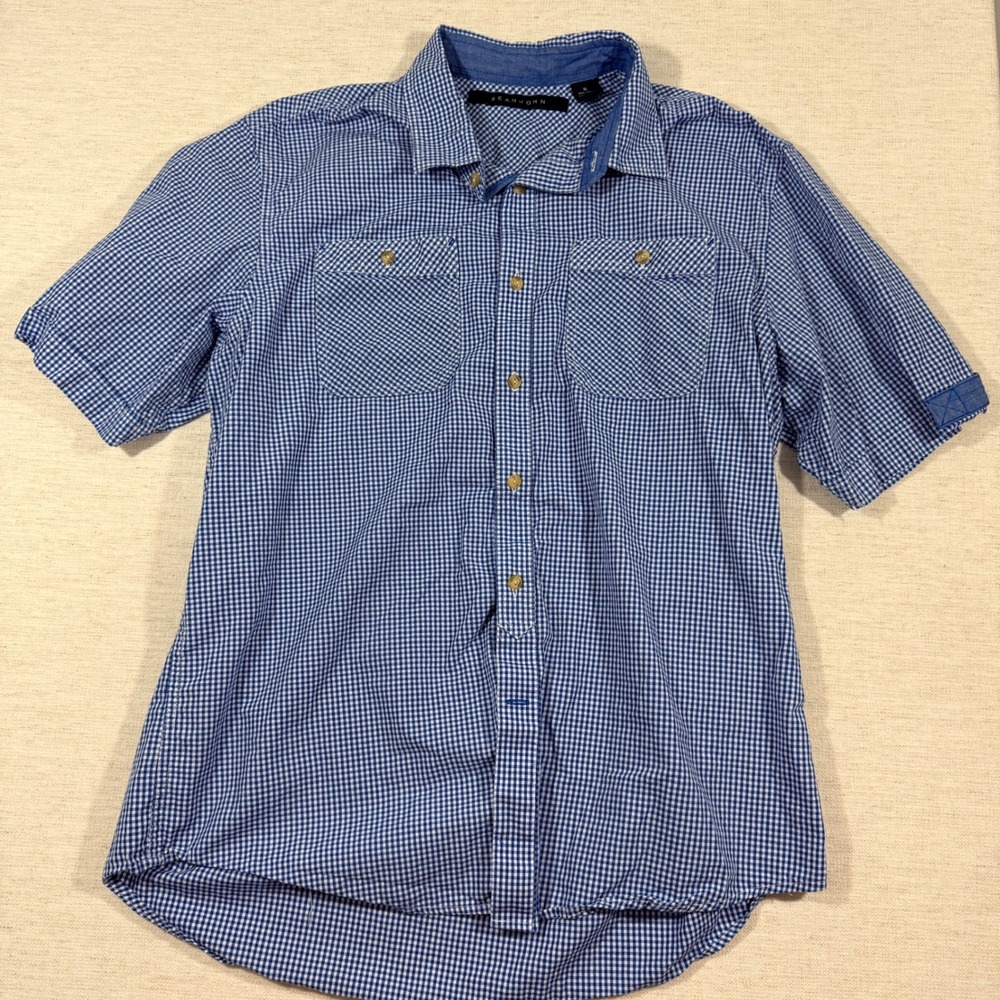 Sean John Button Up Shirt Mens XL Blue Good Gingham Short Sleeve Cotton Pocket